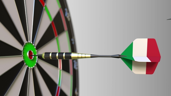 Flags of the European Union and Italy on Darts Hitting Bullseye of the Target alt