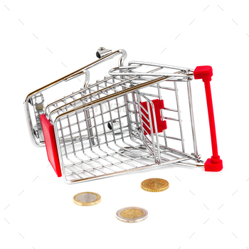 ed on white. Cart broken and money fallen out. Business and online shopping concept image.