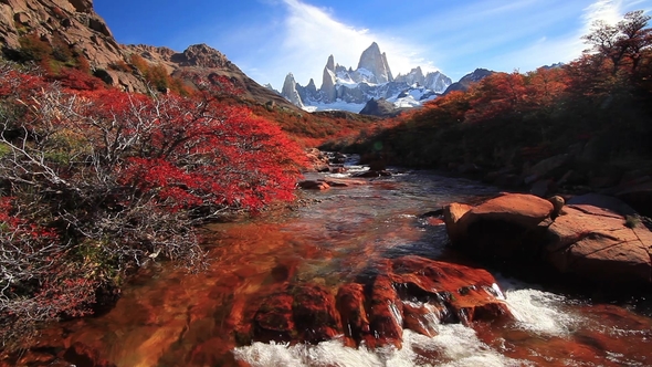 Mountain River and Mount Fitz Roy in Patagonia