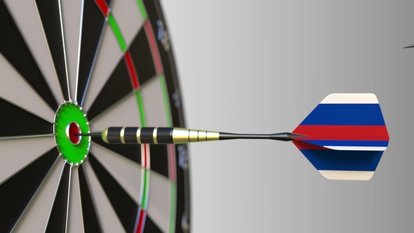 Flags of China and Russia on Darts Hitting Bullseye of the Target alt