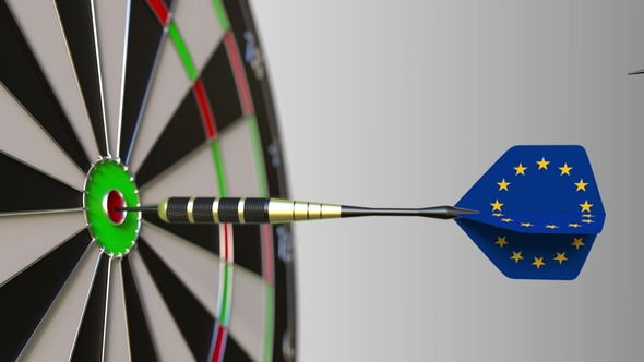 Flags of Australia and the European Union on Darts Hitting Bullseye of the Target alt
