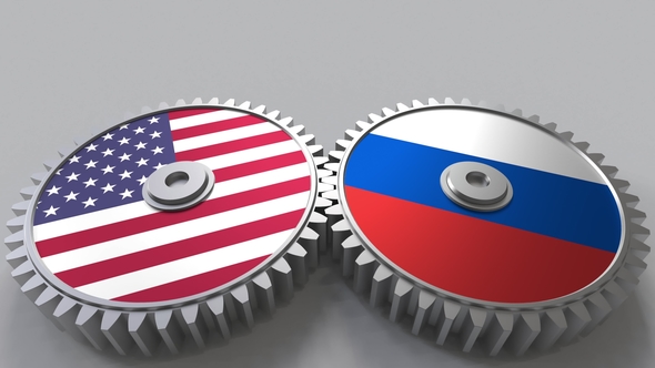 Flags of the USA and Russia on Meshing Gears alt