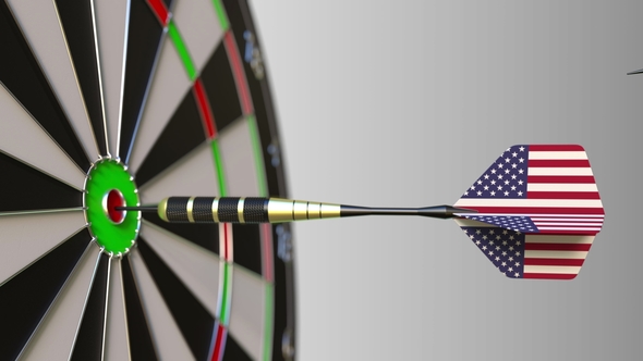 Flags of Australia and the USA on Darts Hitting Bullseye of the Target alt