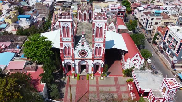 Drone shot of Basilica of the Sacred Heart of Jesus, situated on the south boulevard of Pondicherry