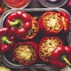 Red Bell Stuffed Paprika Peppers in Iron Cooking Pot with Various Ingredients on Side - VideoHive Item for Sale