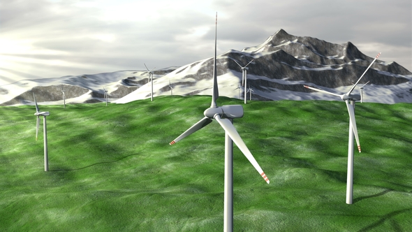 Wind Generators Farm on Field Against a Mountains