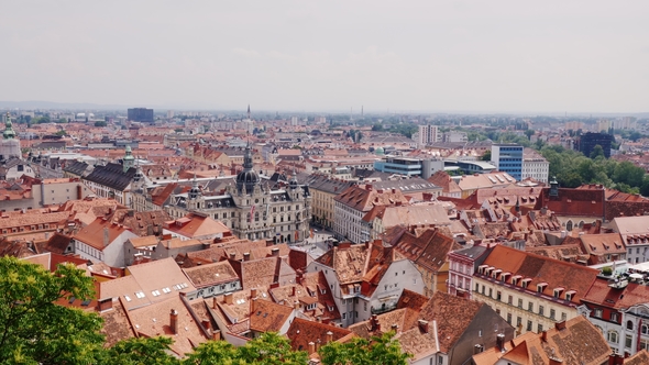 Nice View of the City of Graz and the Town Hall. A Beautiful European City, a Popular Tourist