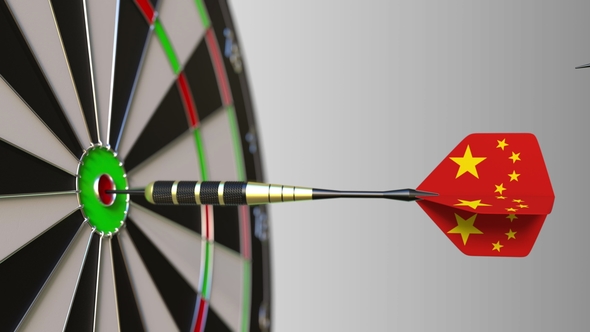 Flags of the United Kingdom and China on Darts Hitting Bullseye of the Target alt