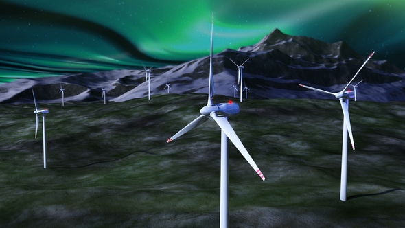 Wind Generators Against Night Sky with Borealis