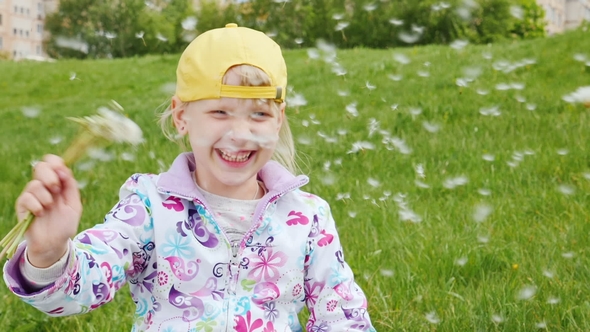 The Girl Is 6 Years Old Playing with Dandelions. He Waved His Hands, the Seeds Flew in All