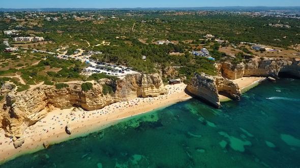 View of Rocky Coastline with Beach and Cliffs, Praia da Marinha, Algarve Region, Portugal