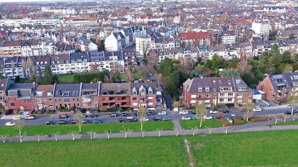 Aerial View of Duesseldorf Oberkassel While Flying Over the River Rhine - Germany - Europe