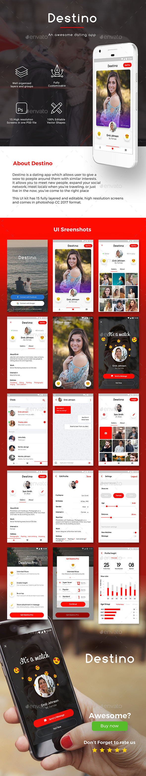 Online Dating App UI Kit| Payments, Swipe, Chatting App UI Kit| Destino