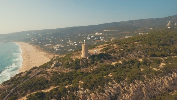 Ariel View of Camarinal Lighthouse in Zahara de los Atunes, Spain