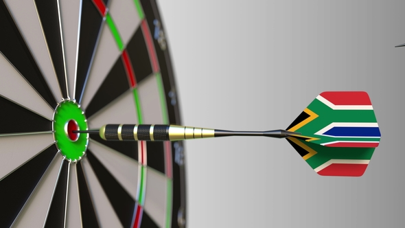 Flags of the European Union and South Africa on Darts Hitting Bullseye of the Target alt