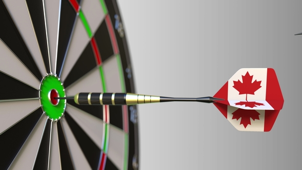 Flags of China and Canada on Darts Hitting Bullseye of the Target alt