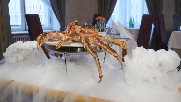 King Crabs in Restaurant, a Living Giant Crab Lies on a Plate