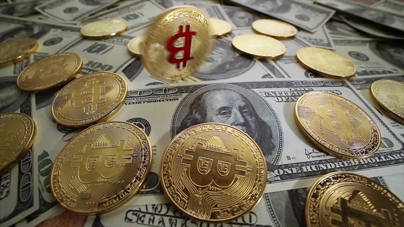 Gold Bit Coin BTC Coins and Dollar Bills
