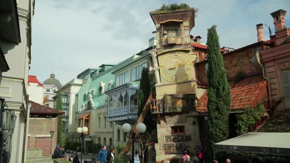 Tbilisi Georgia November 23 2018 People Walking Near Famous Rezo Gabriadze Marionette Theater Clock