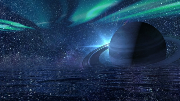 Background of a Futuristic Night Sky with Saturn alt