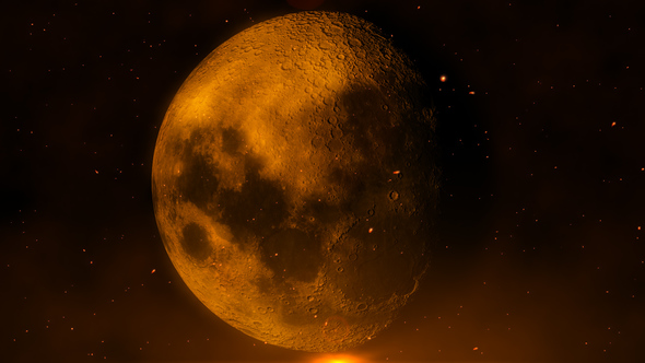 Moon in Space with Fire Particles