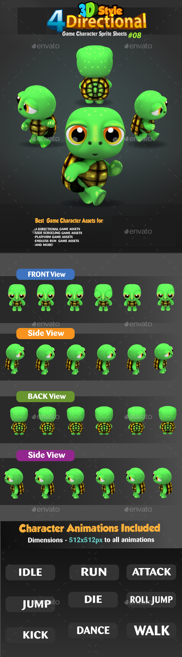 Turtle 4 Directional  Game Character Sprites 08