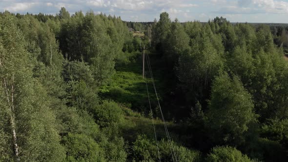 Power Line Poles at Green Rural Area Forest Clearing Aerial Shot