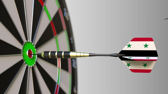 Flags of the United Kingdom and Syria on Darts Hitting Bullseye of the Target alt