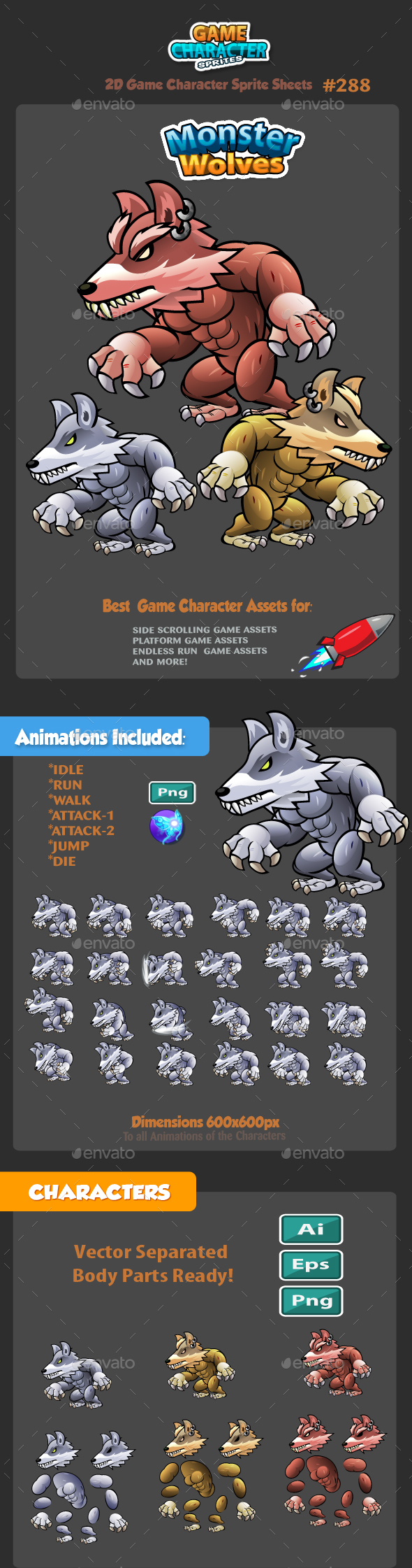 Wolves 2D Game Character Sprites 288