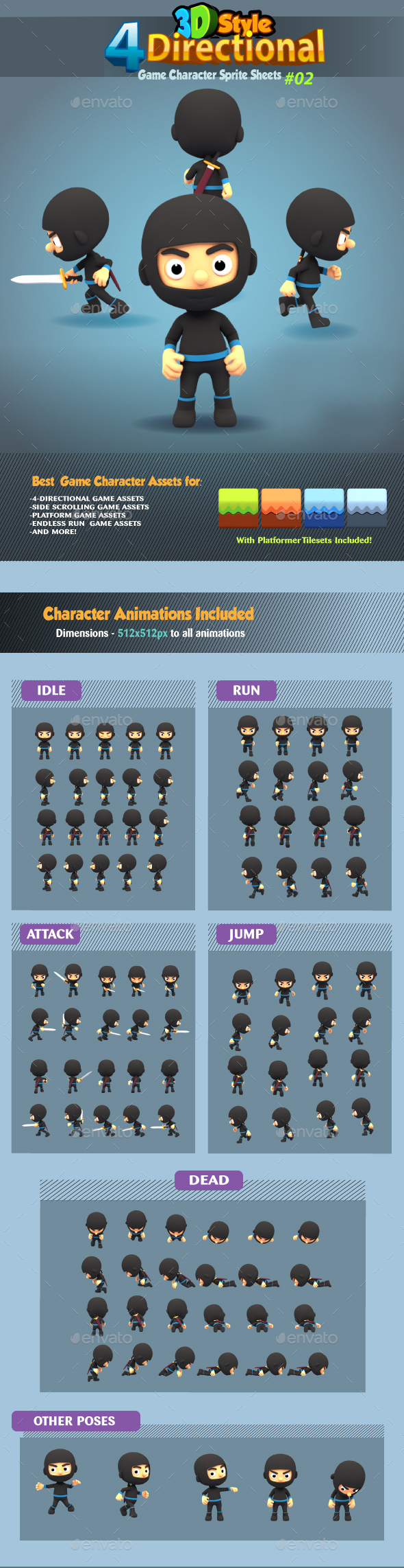 4 Directional 3D Style Ninja Game Character Sprites 02