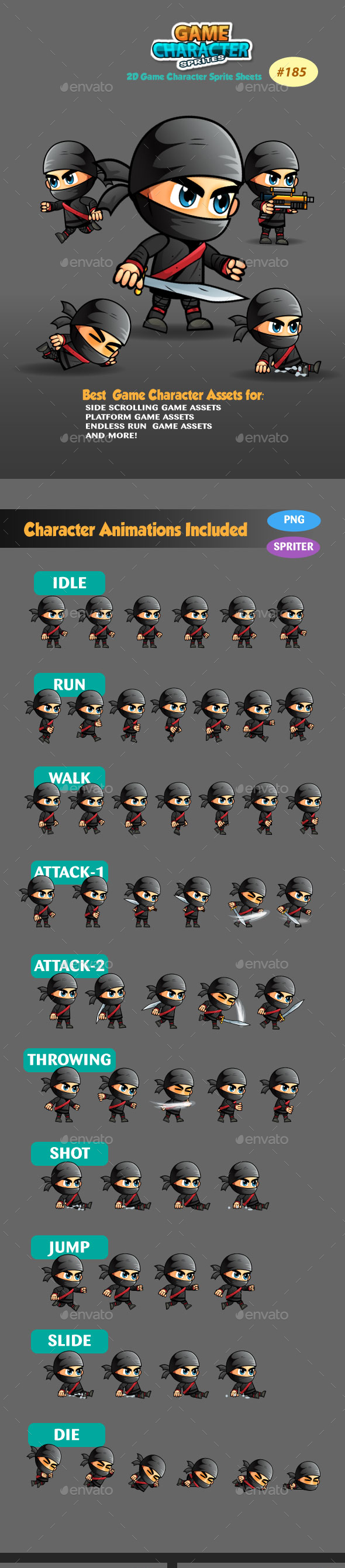 Ninja 2D Game Character Sprite Sheets 185