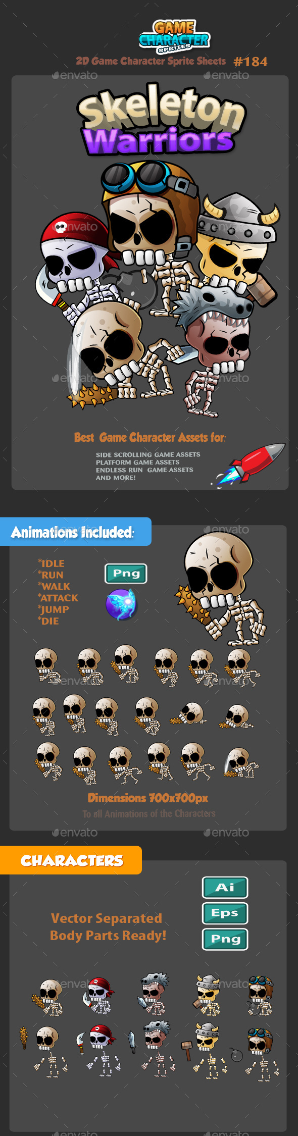 Skeleton Warriors 2D Game Character Sprites 184