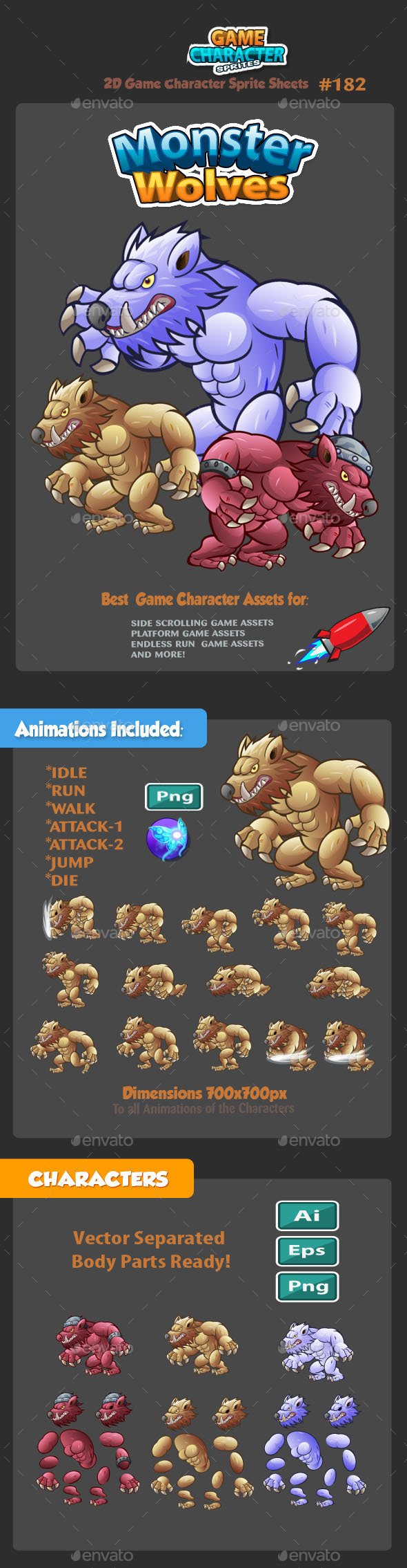 Monster Wolves 2D Game Character Sprites 182