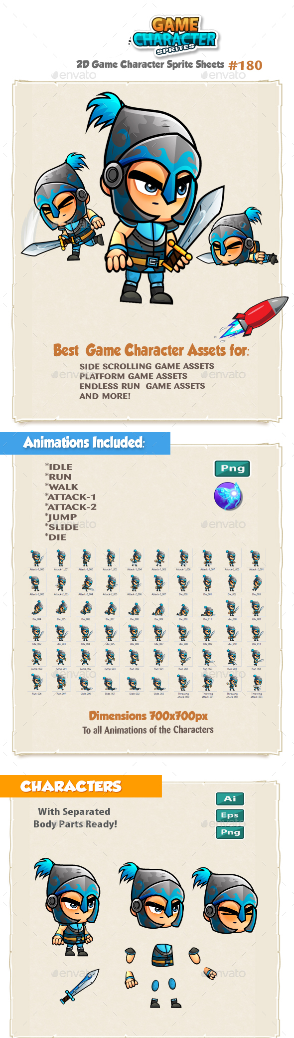 The Blue Knight 2D Game Character Sprites 180