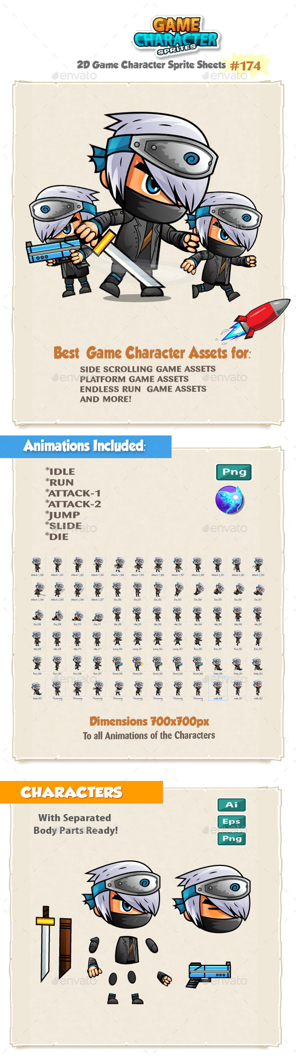 Ninja 2D Game Character Sprites 174