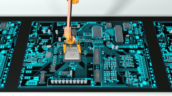Robot Arm Assembles a Computer on Factory, Loop alt
