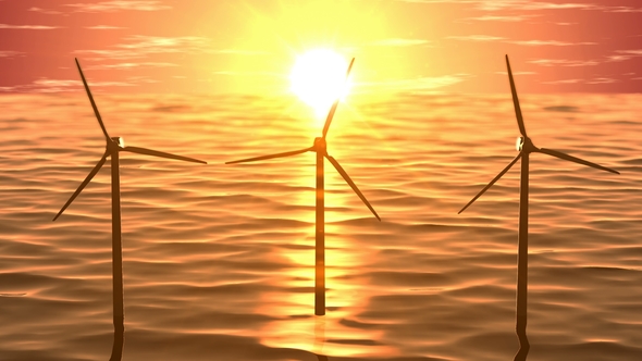 Wind Generators in Ocean on Sunset Seamless Loop