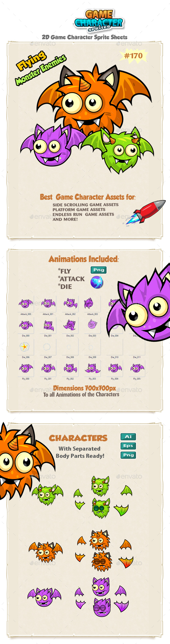 Flying Monster Enemies  Game Character Sprites 170