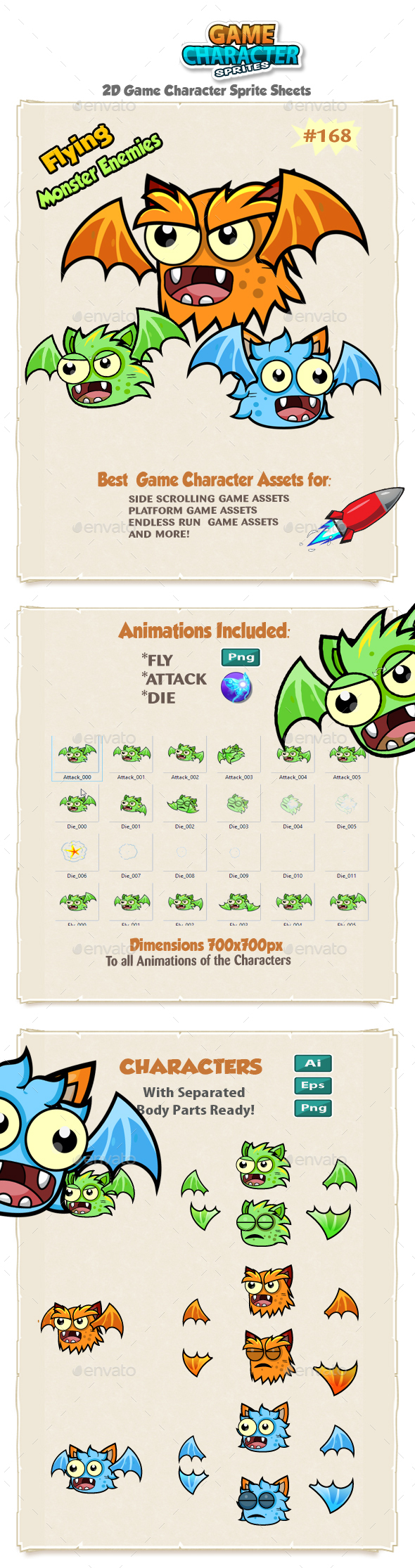 Flying Monster Enemies Game Character Sprites 168