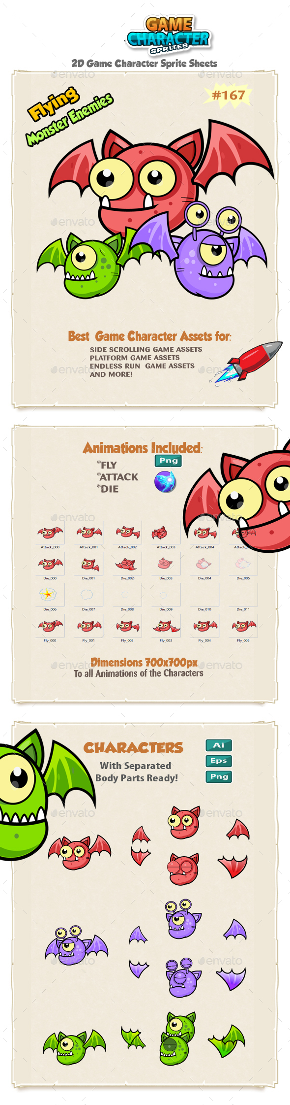 Flying Monster Enemies Game Character Sprites 167