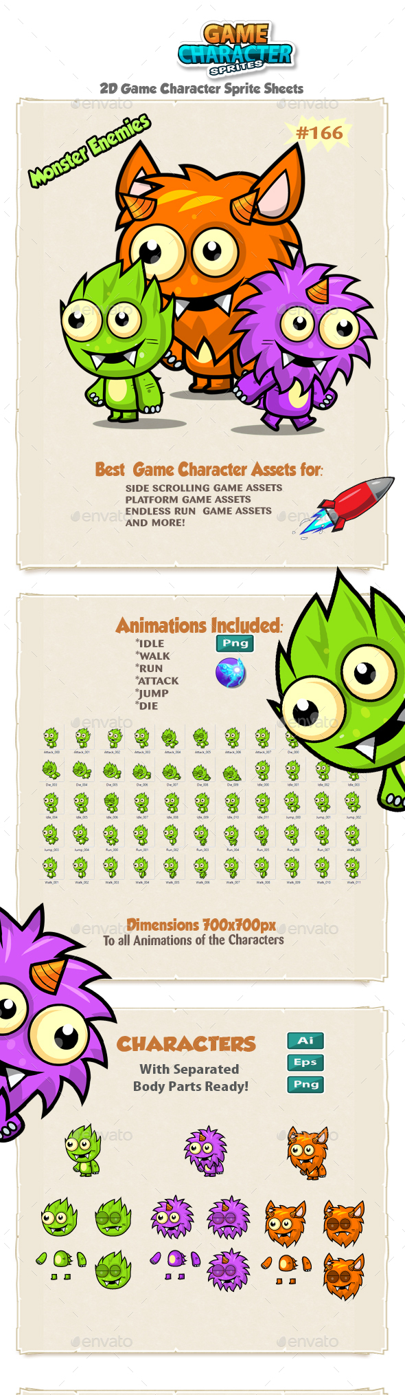 Monster Enemies 2D Game Character Sprites 166