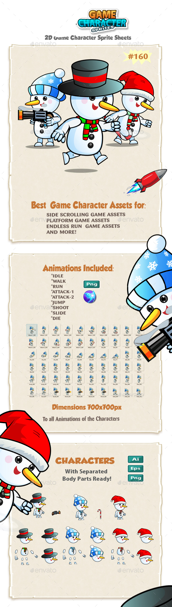 Snowman 2D Game Character Sprites 160