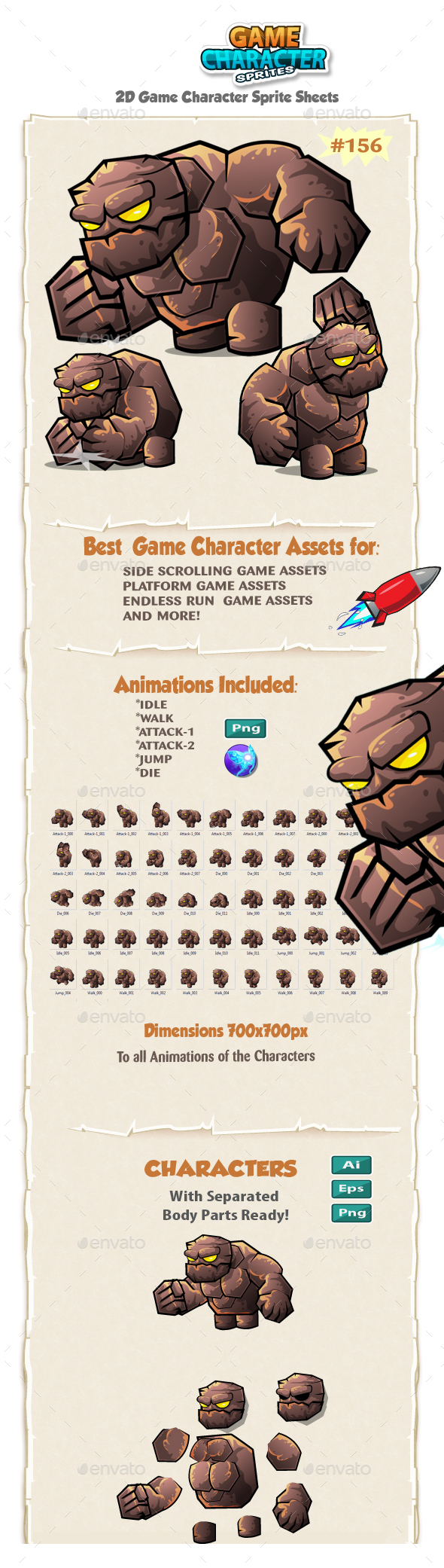 Monster Stone Giant 2D Game Character Sprites 156.