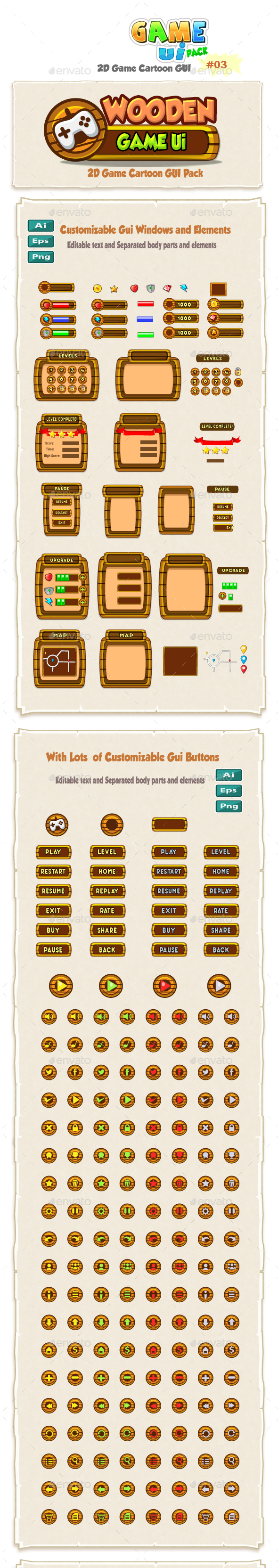 Wooden Cartoon Game Ui Pack 03