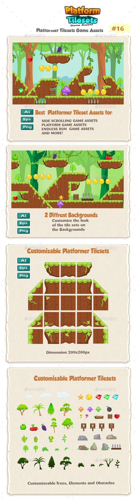 Jungle Platformer Game Tilesets 16