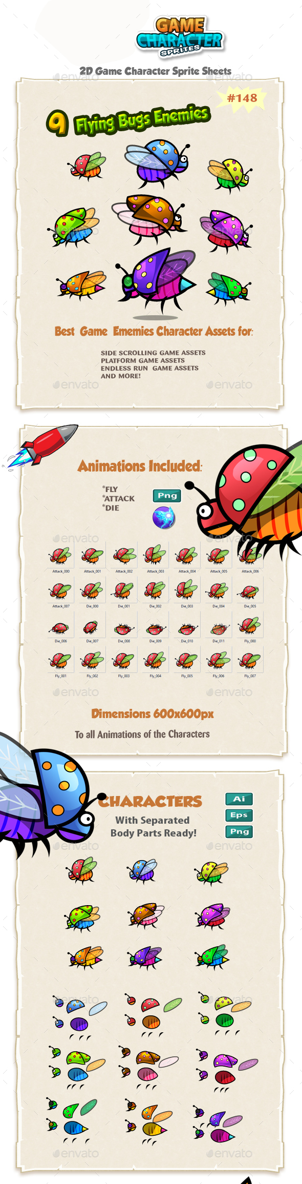 Flying Bugs 2D Game Chracter Sprites 148