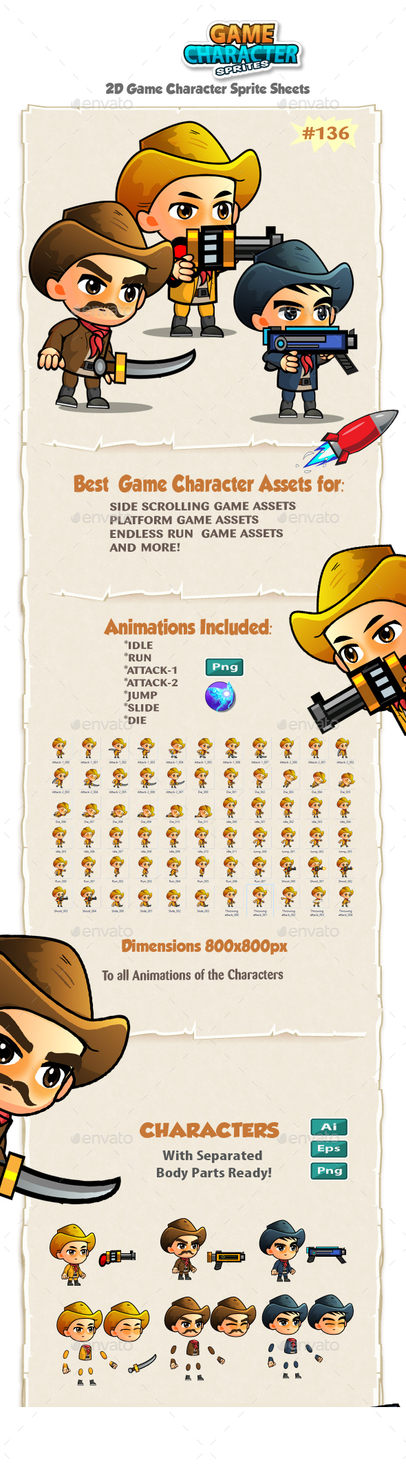 Cowboys 2D Game Character Sprites 137