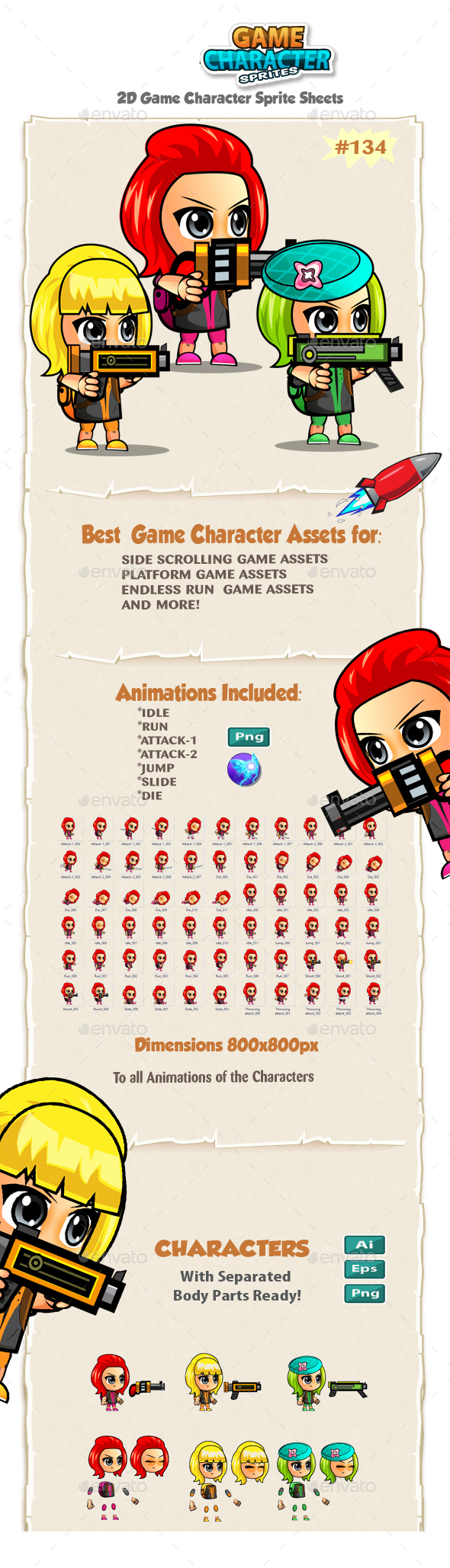 Girl Warriors 2D Game Character Sprites 134