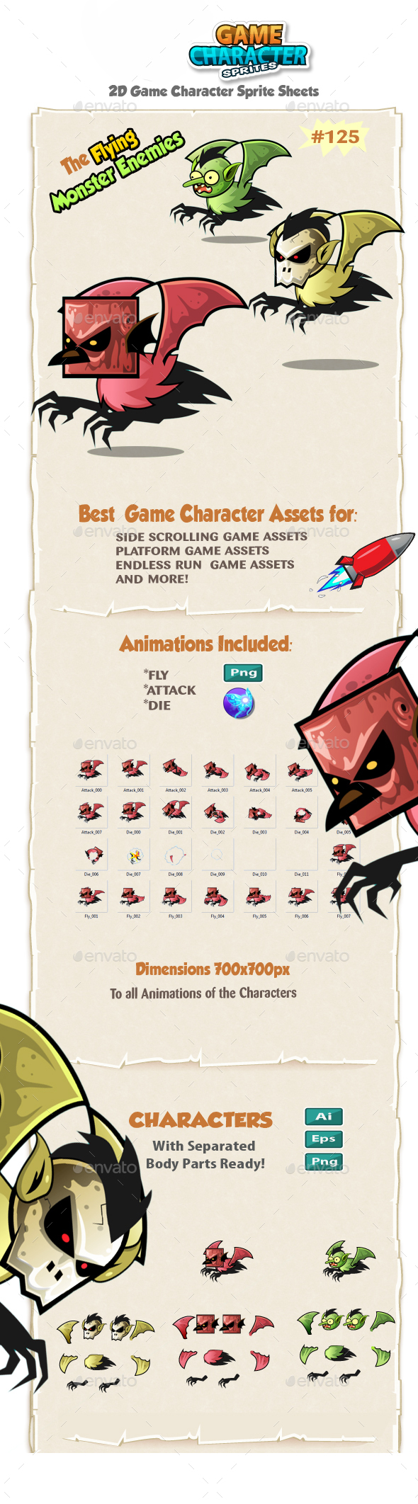 Flying Monster Enemies 2D Game Character Sprites 1