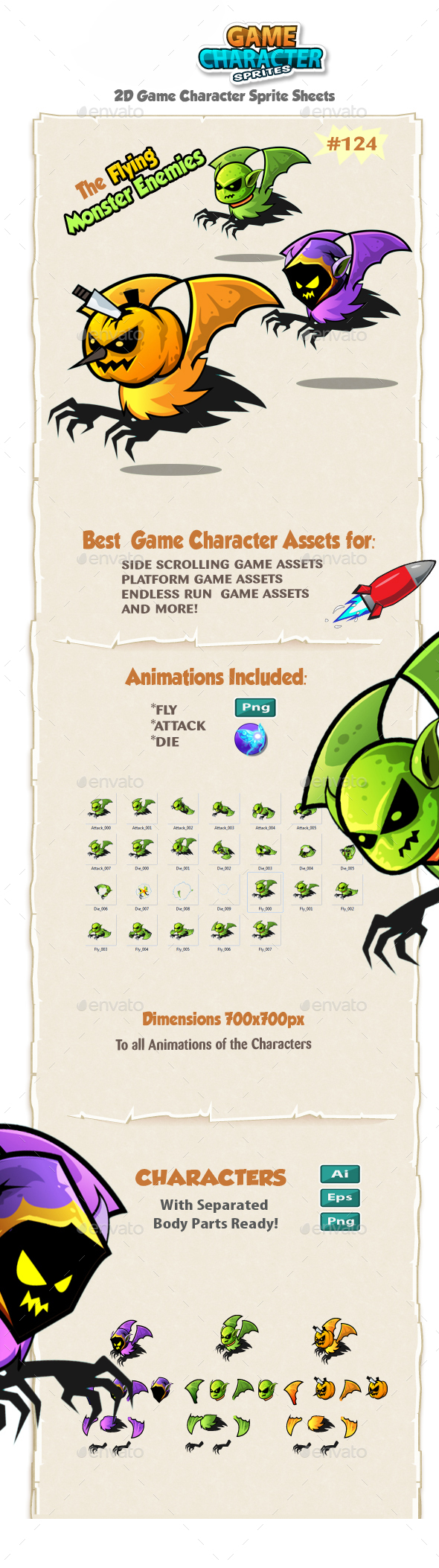 Flying Monsters 2D Game Character Sprites 124